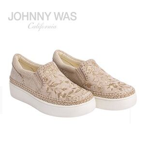 JOHNNY WAS Cecilia Slip On Floral Suede Linen Sneaker